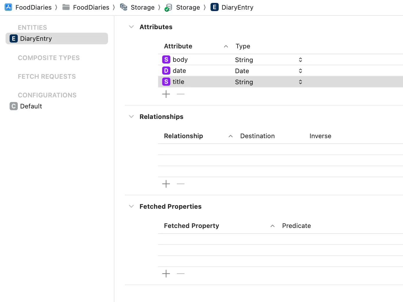 The storage Core Data model file with a single entity and three properties