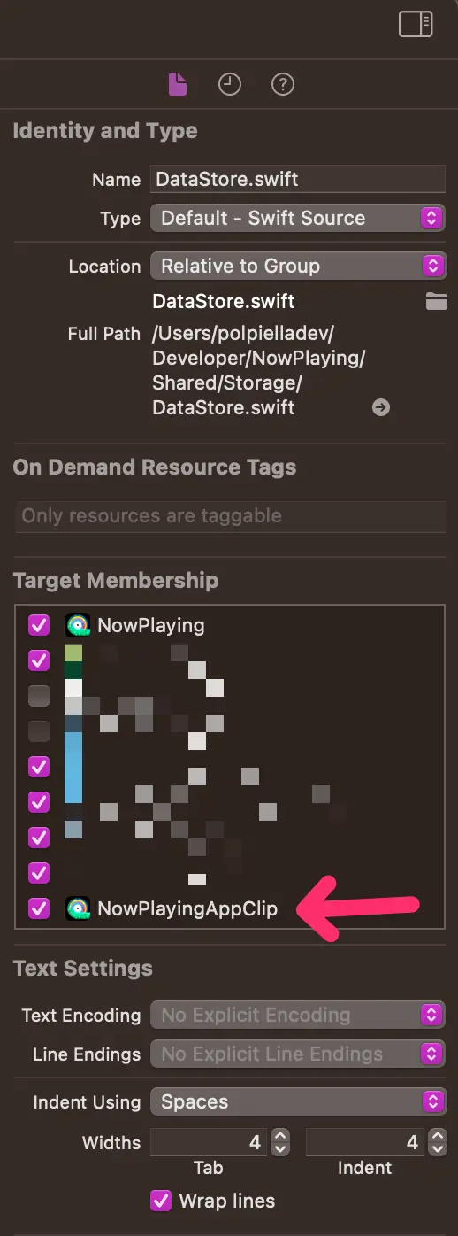 Select the App Clip target in the target membership section for a file