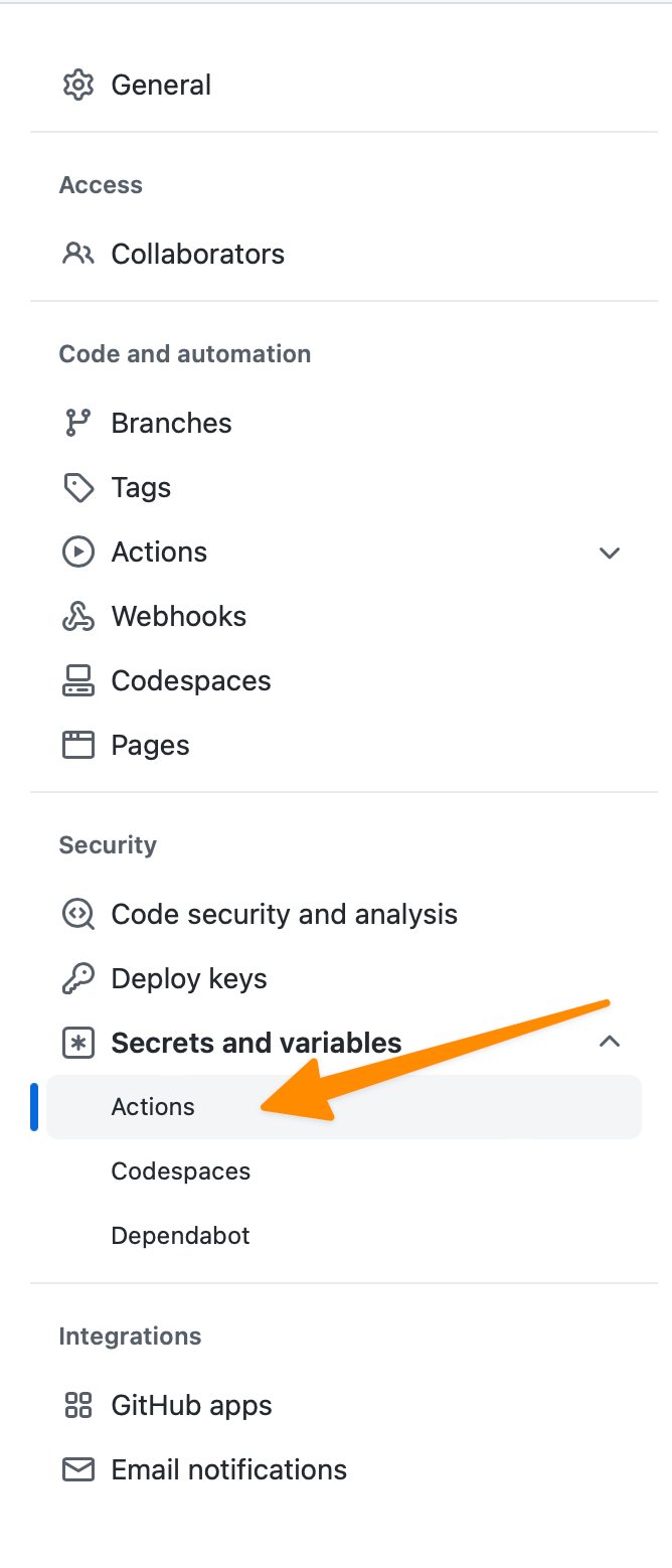 Highlight of the actions section within the Secrets and Variables section in a GitHub repository's settings menu