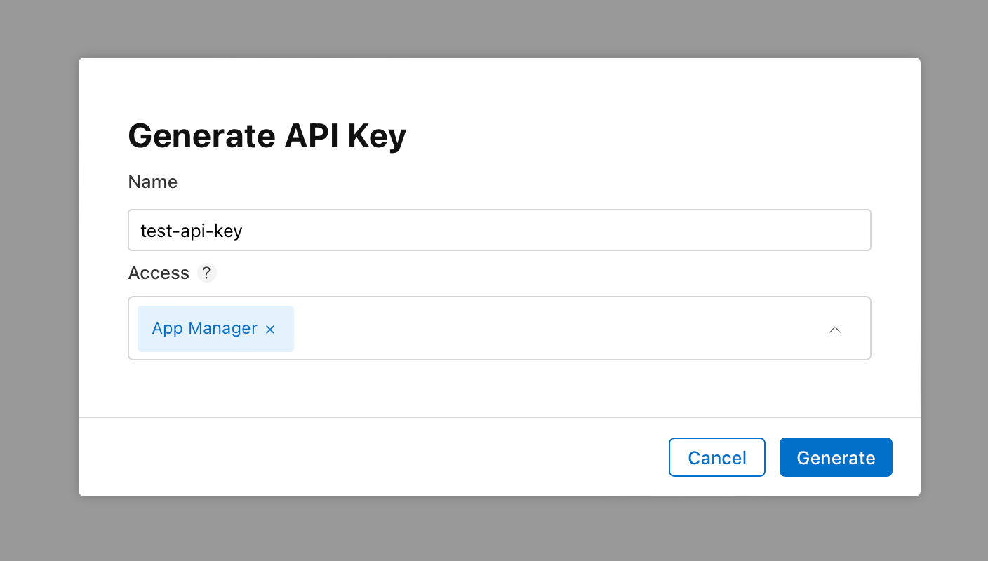 The popup in App Store Connect where a key with a given name and role can be created.
