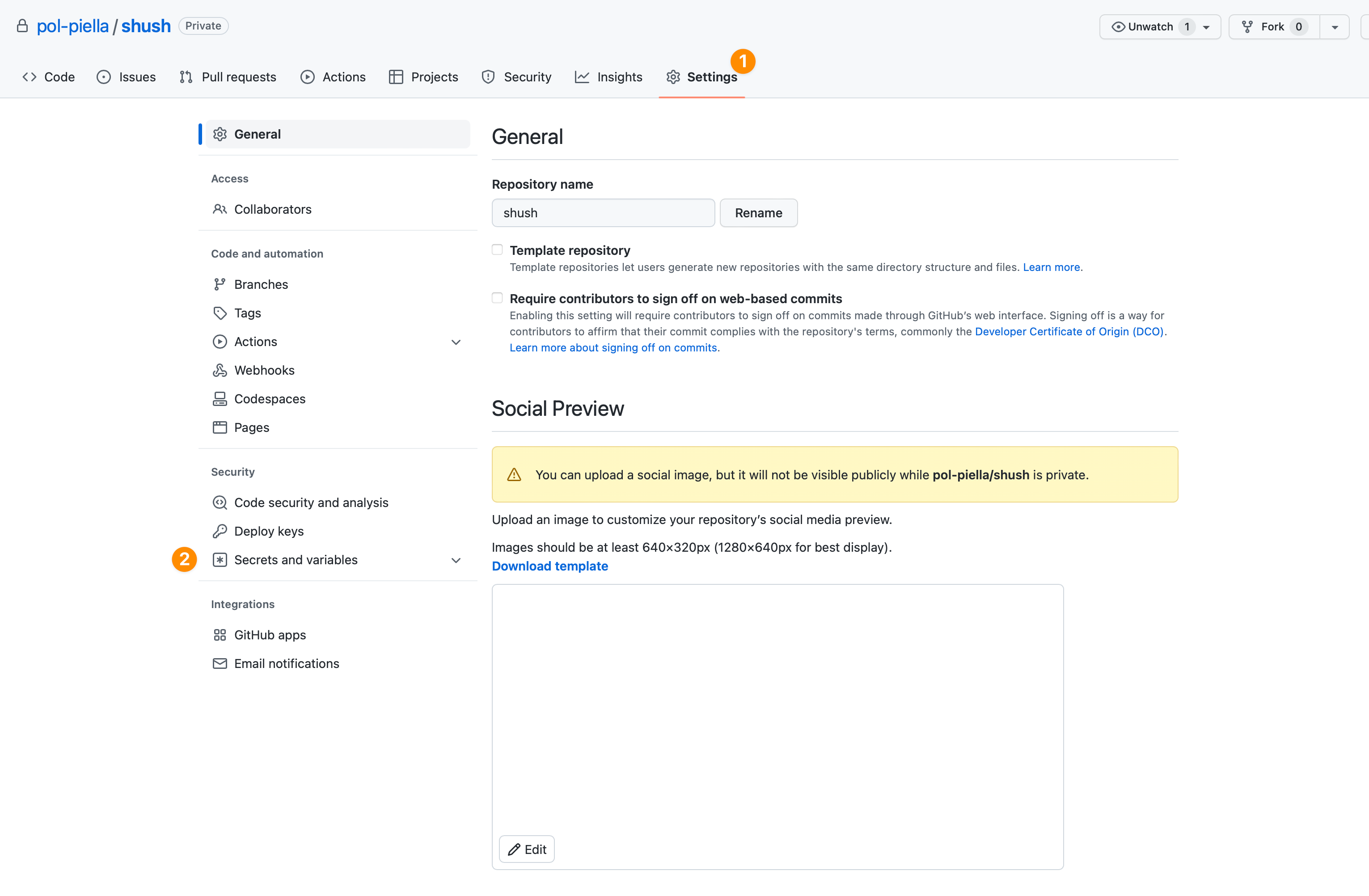 The settings menu of a GitHub repository and where to find the Secrets and Variables section