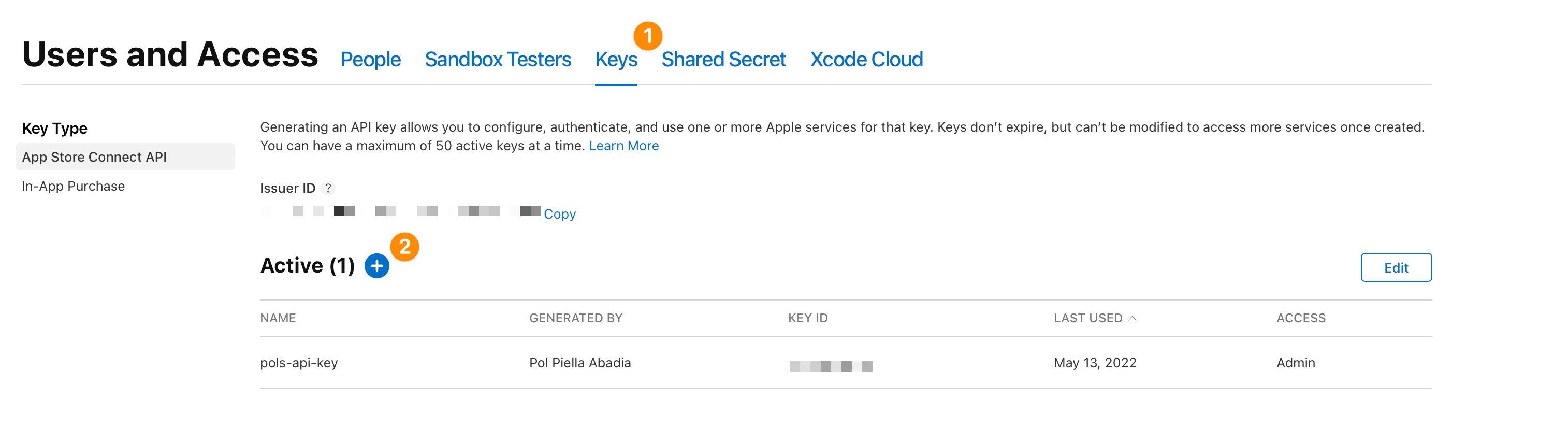 The Users and Access section in App Store Connect with numbers focusing on the two items to click. Number 1 is the Keys menu and number two is the plus button to create a new key.