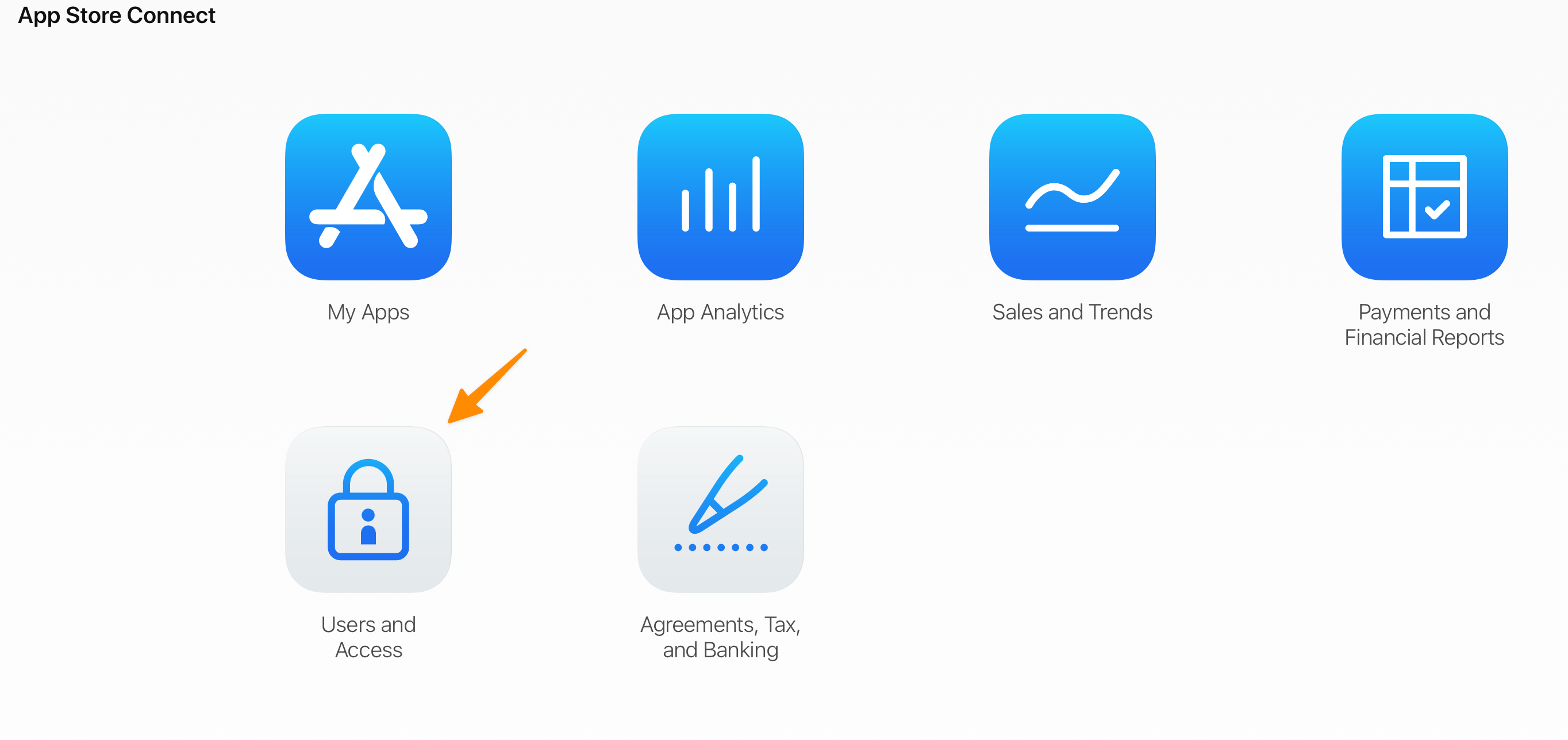 The App Store Connect dashboard page with an arrow pointing to the Users and Access section.