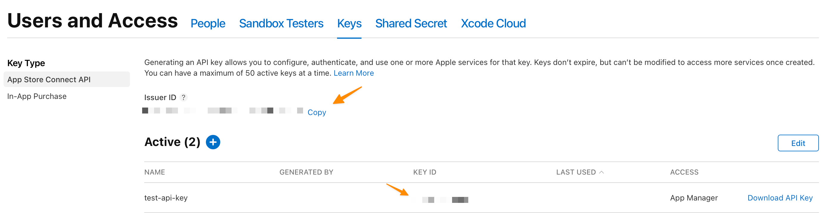 App Store Connect's keys page with arrows pointing to the two fields that need to be copied: the key's id and the account's issuer id