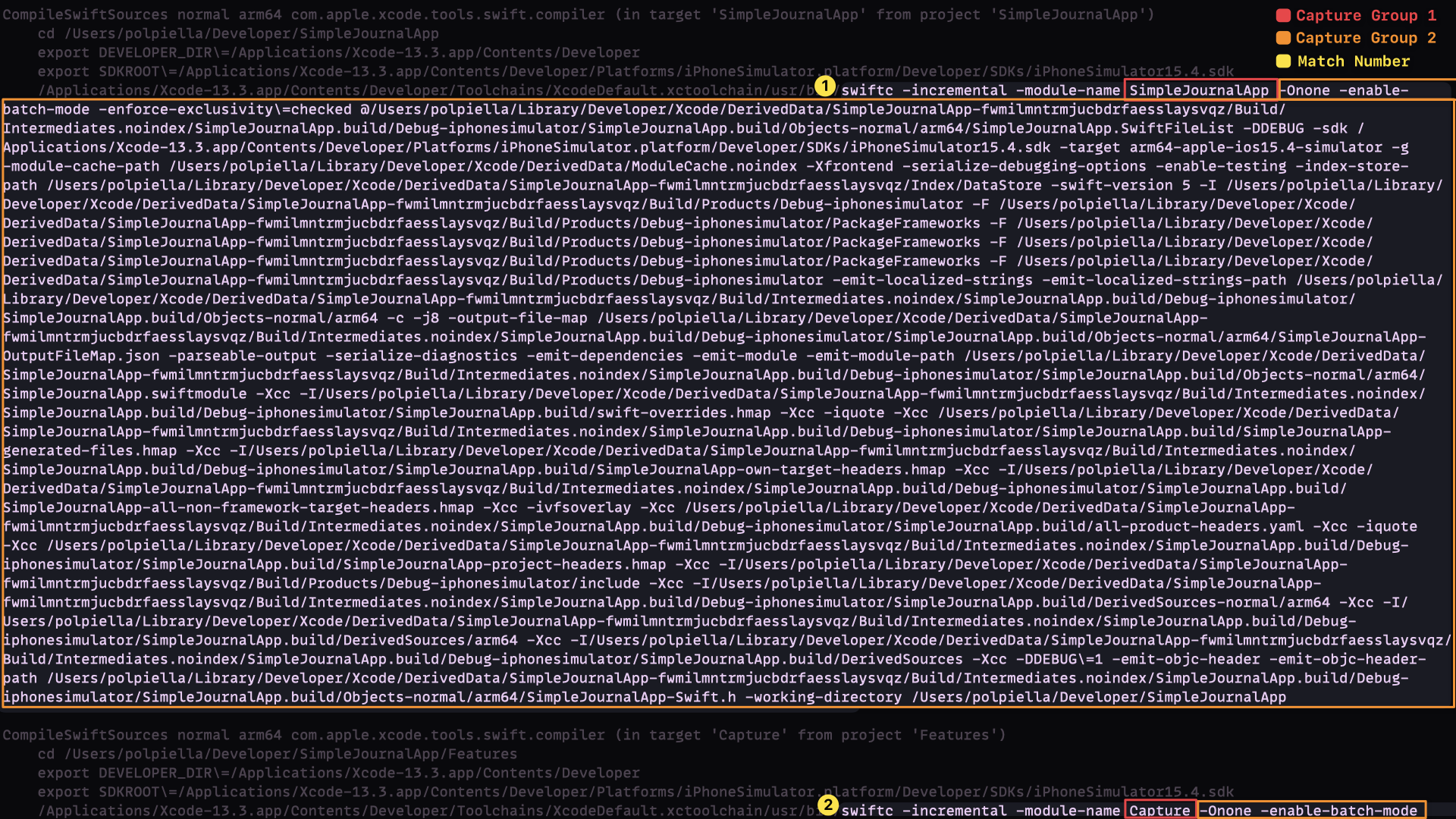 An image showing the effect of the intended regex result on the raw xcodebuild output.