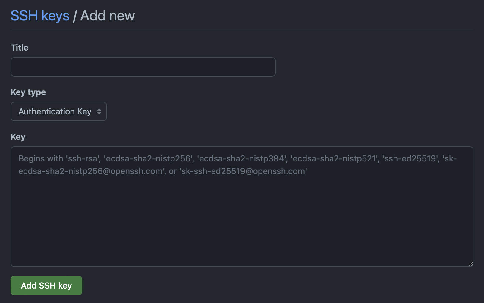 A screenshot showing the create SSH page in Github.