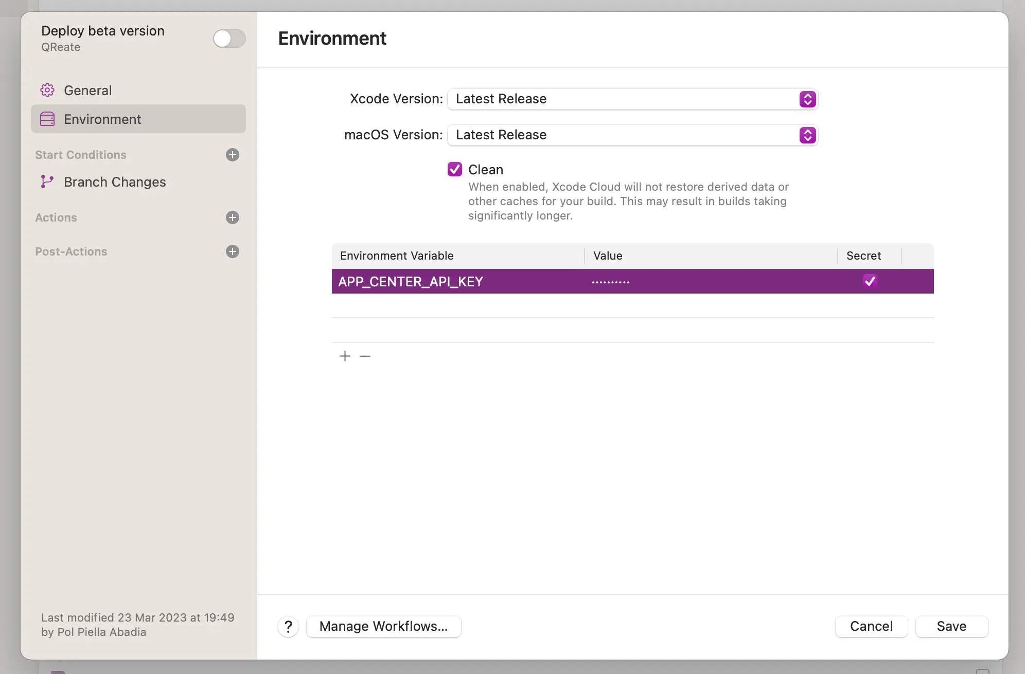 The environment configuration of the workflow which uses the latest release of both macOS and Xcode and has AppCenter's API key as a secret.