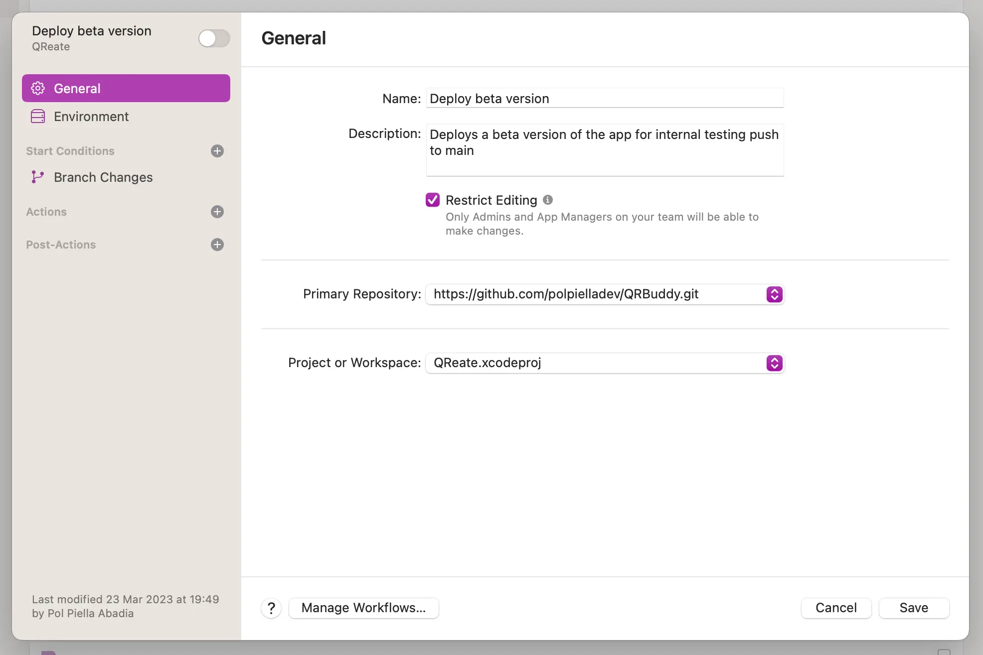 The general configuration of the workflow with a name, description and the restrict editing option checked.