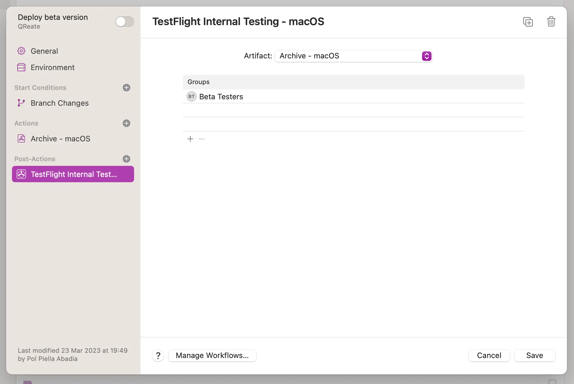 The configuration for the post archive step which uploads the build to TestFlight for internal testing and selects a testing group