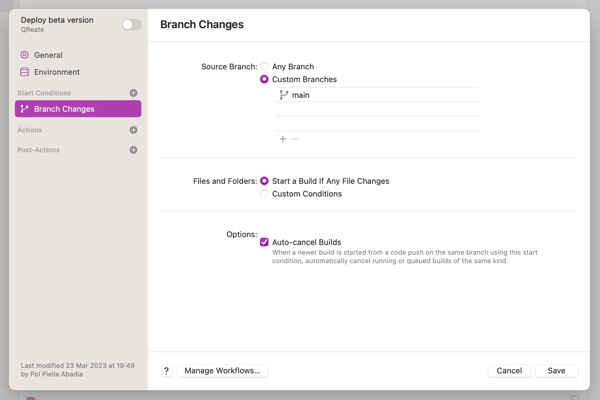 The start conditions for the new workflow. The workflow will run on every push to the main branch. The option to auto cancel builds is also selected.