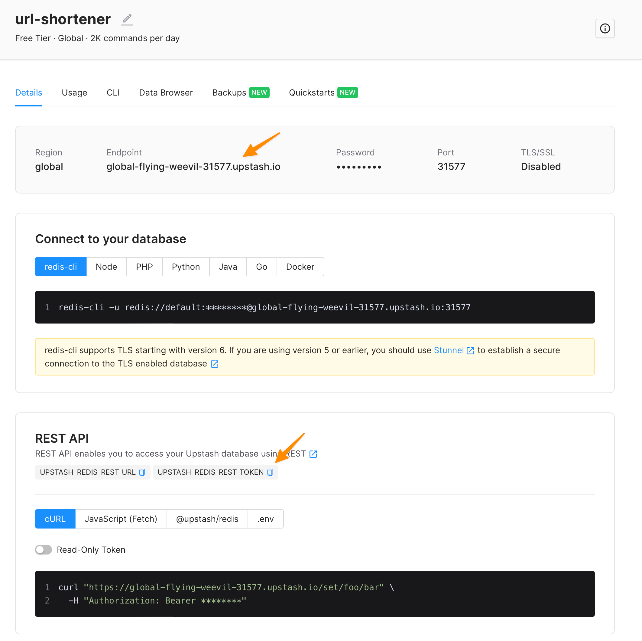 A screenshot showing the database view in Upstash and the values to copy