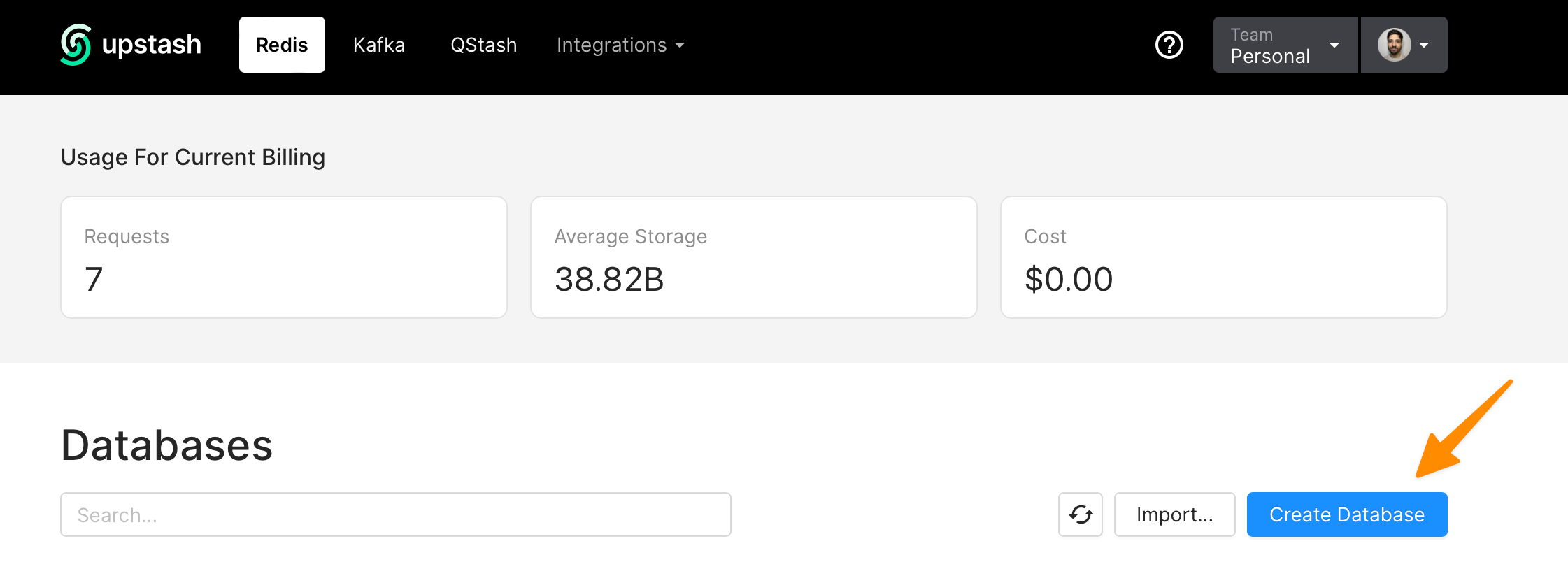 A screenshot showing where the Create Database button in the Upstash console is located