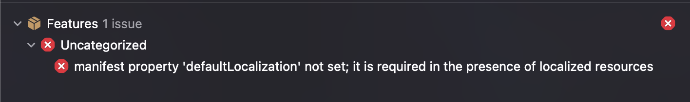 Error thrown by Xcode when no default localisation is set