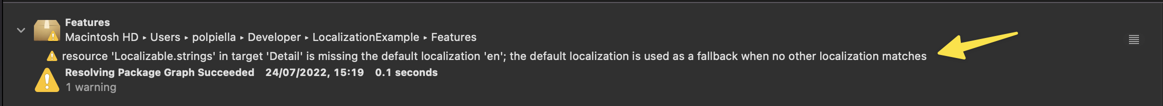 Xcode warning shown when default localisation is missing.