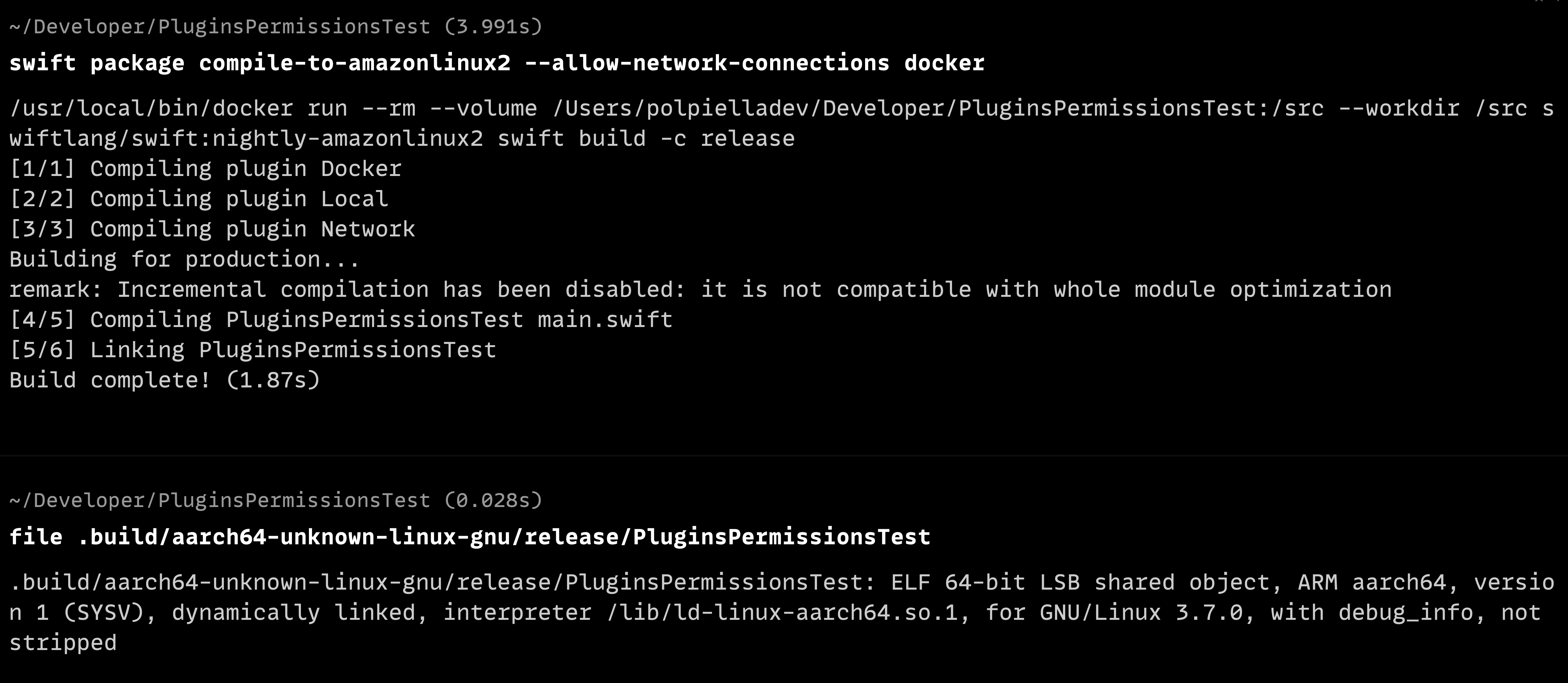The terminal output for the docker command plugin