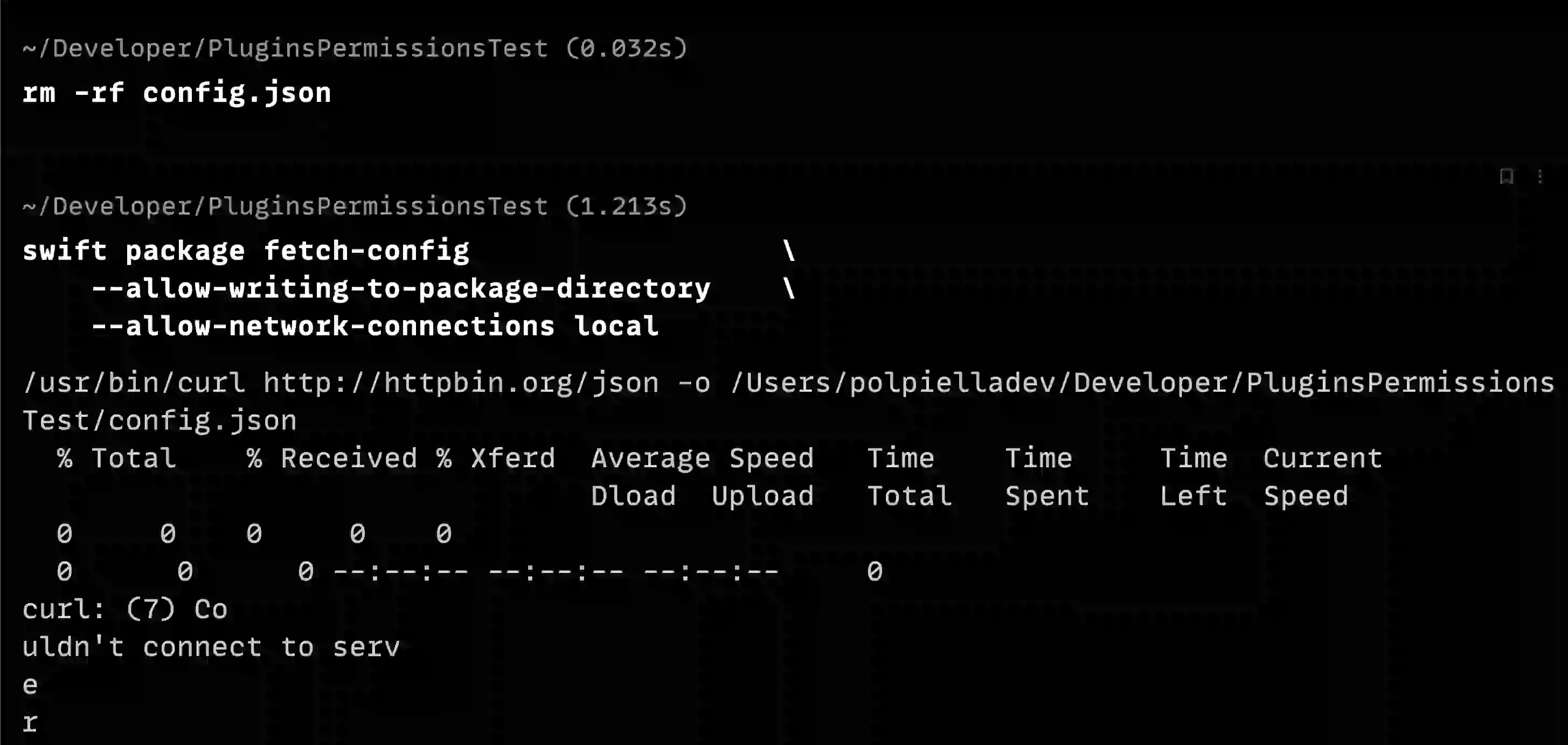 The terminal output for the fetch-config command plugin with local permissions but making a request to a remote server