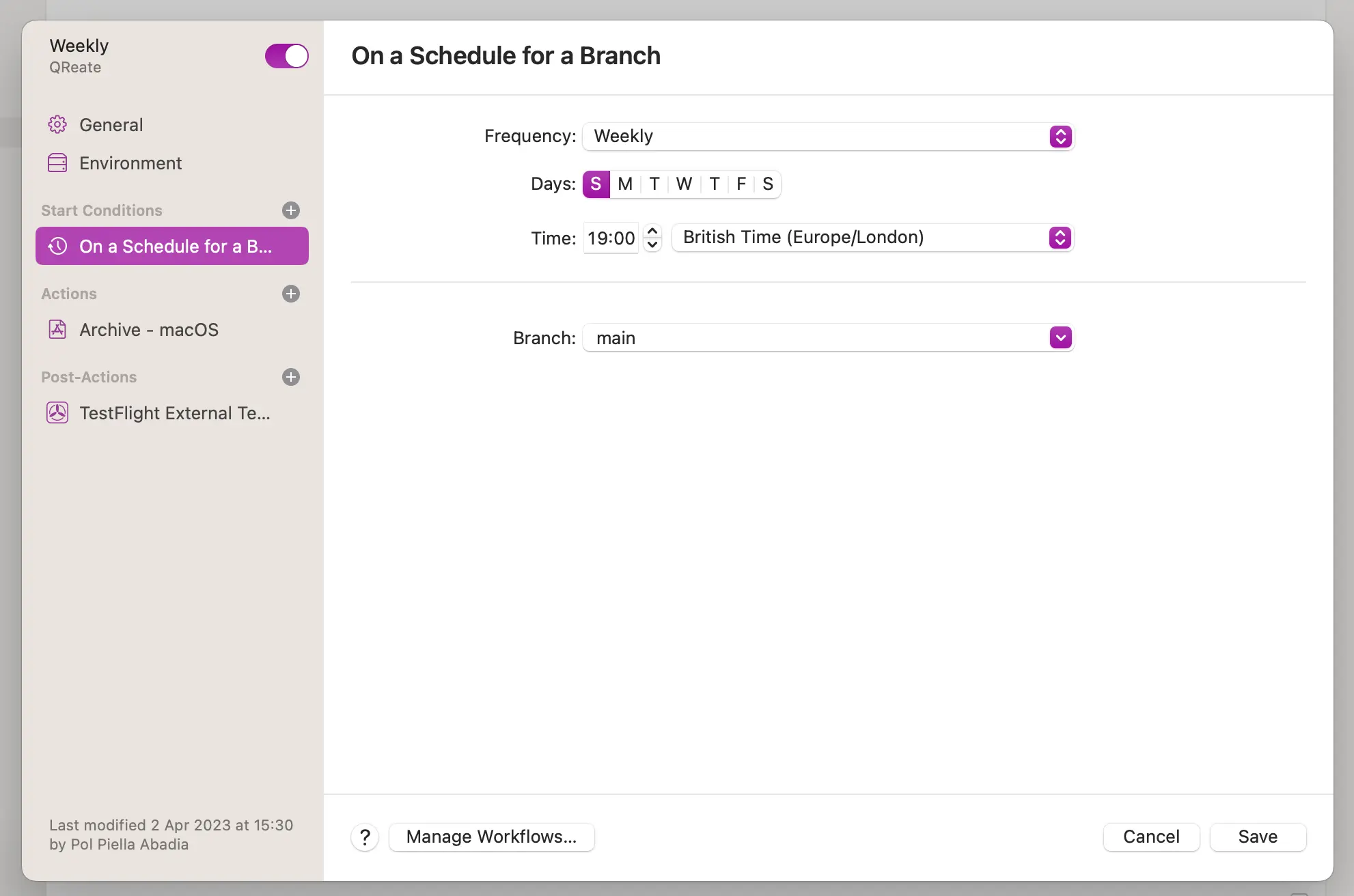 A screenshot shoing the start condition for the scheduled workflow with all selected fields