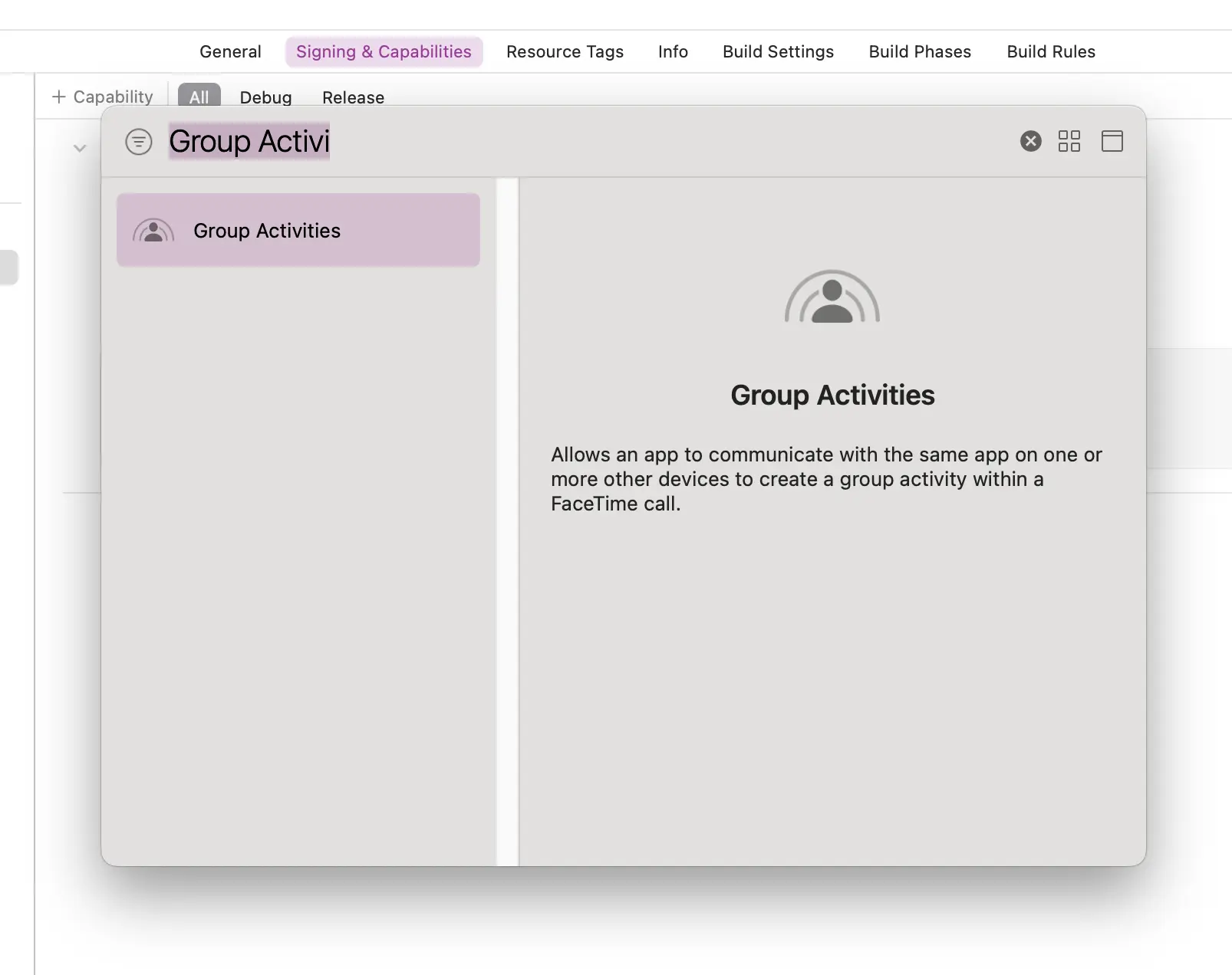 Selecting the Group Activities capability from the target's capability menu in Xcode