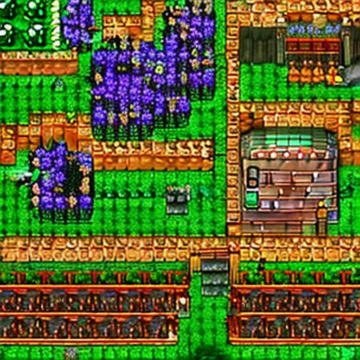 Generated image using Stable Diffusion showing a landscape similar to the one you would find in the game Stardew Valley