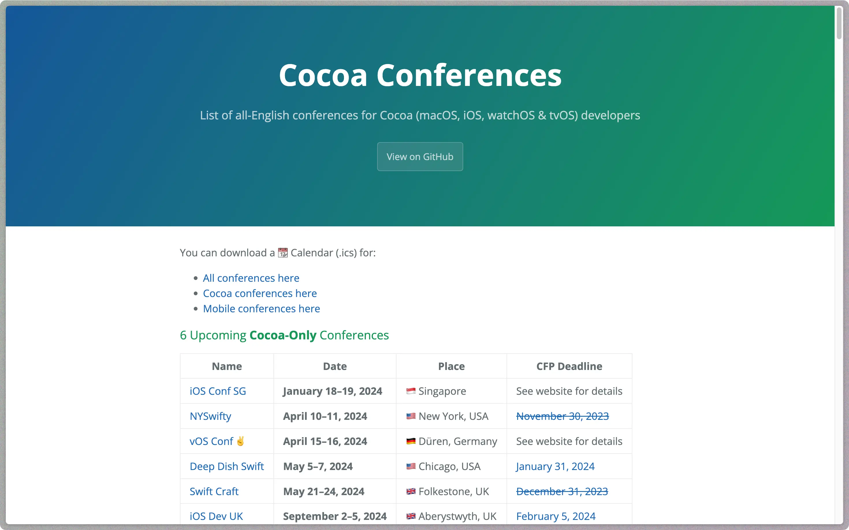 A screenshot of the cocoaconferences website showing a list of upcoming conferences.
