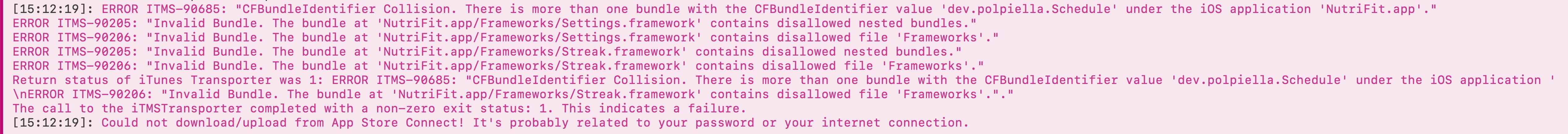 A screenshot of an error occurring when uploading to App Store Connect. The issue is that the app contains duplicated bundles, which is not allowed
