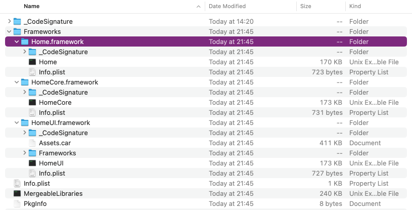 A screenshot of the app's package contents showing all frameworks are embedded