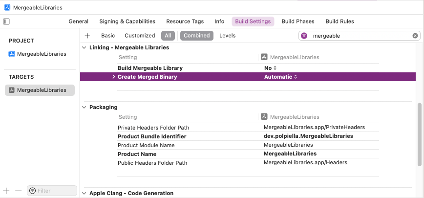 A screenshot of the build settings screen for the app target showing how to make automatic mergeable libraries