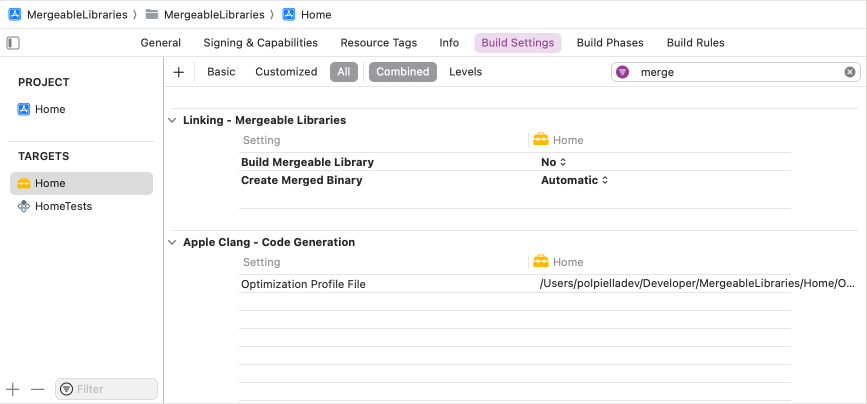 The build settings screen for the Home framework showing how to make automatic mergeable libraries.