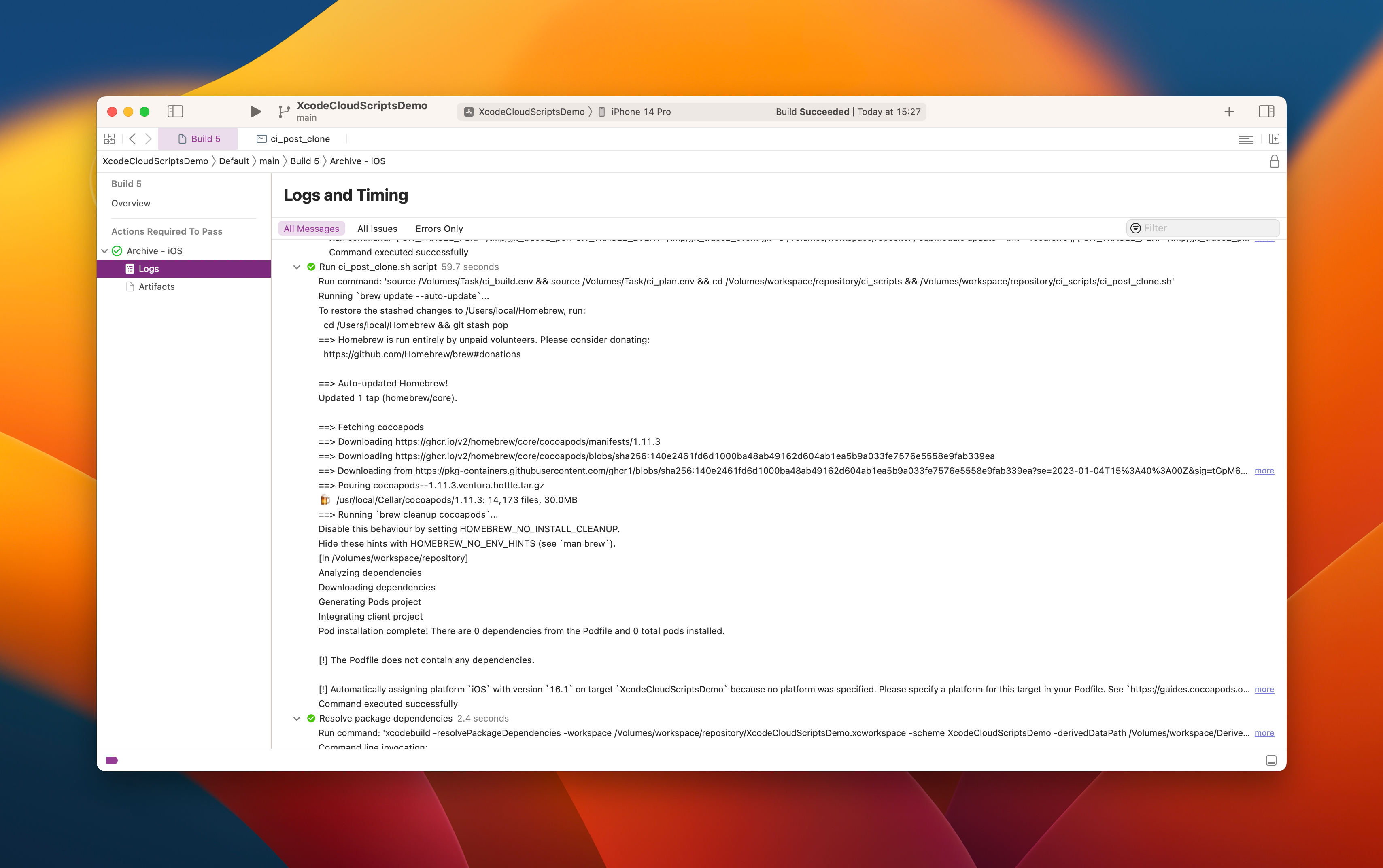 The Xcode Cloud build page showing a successful run with a post clone script.